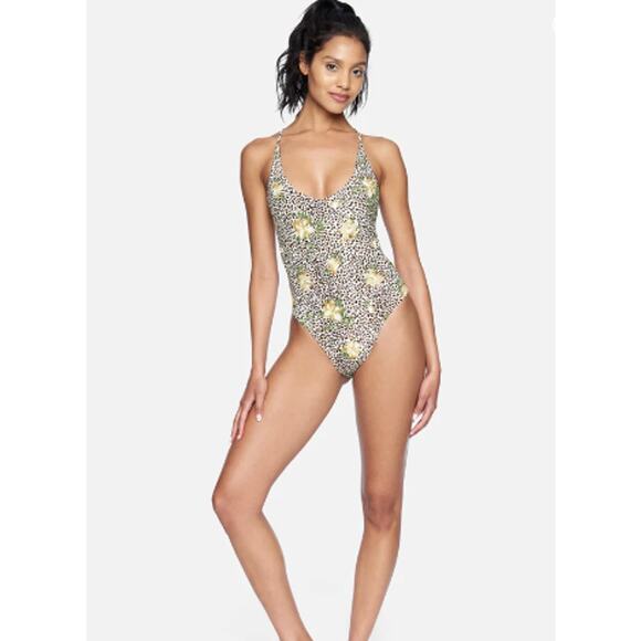 Hurley Black & Brown Leopard Print One-Piece Swimsuit Yellow Hibiscus Size XS - Picture 1 of 8